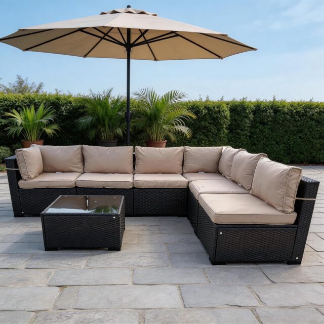 7 Piece Rattan Garden Furniture Set, 6 Seater Corner Sofa Set with Coffee Table