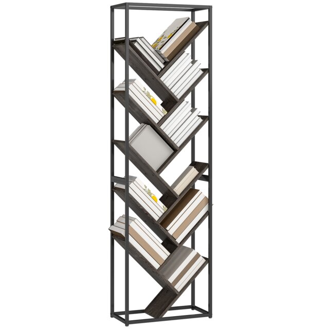 HOMCOM 10 Tier Tree Bookshelf Industrial Tall Bookcase Grey Black Black Grey and Black