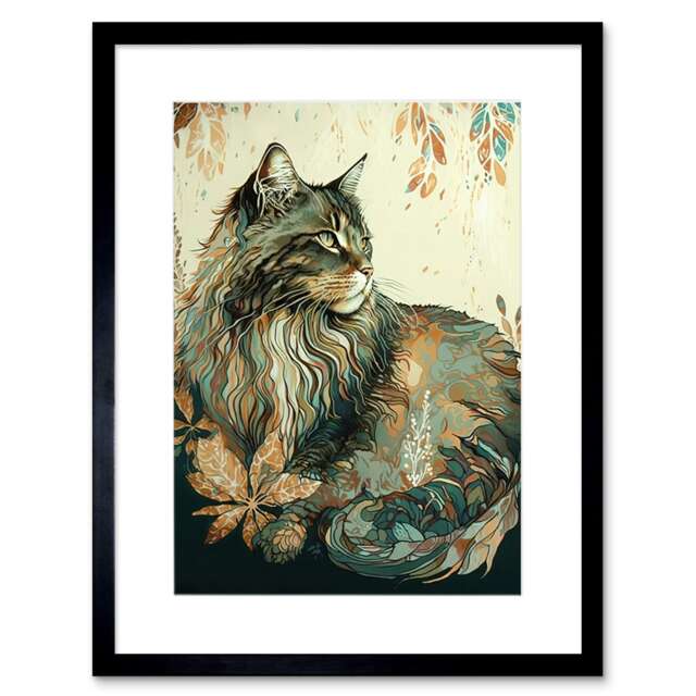 "Maine Coon Cat Flower Pattern Modern Watercolour 9x7"" Black Framed Wall Art Print"