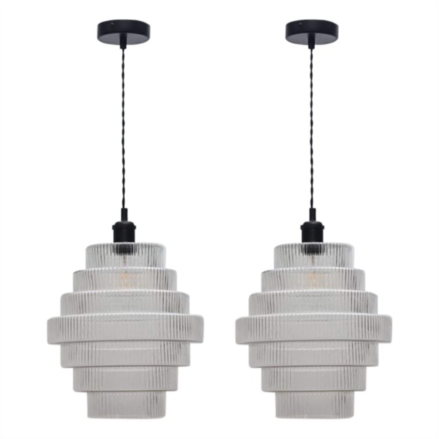 Set of 2 Benson - 7 Tier Glass & Black Ceiling Pendant Lights