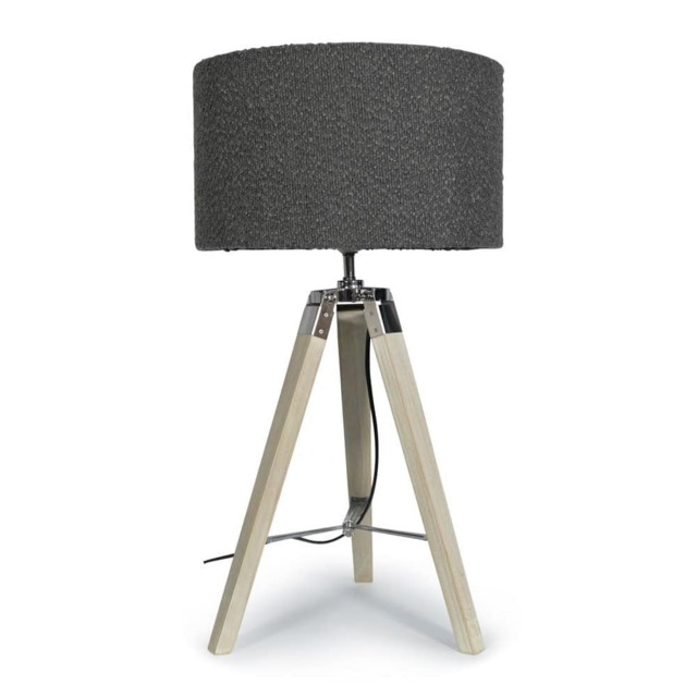 ValueLights Clipper Light Wood Tripod Table Lamp Charcoal Boucle Shade and Bulb