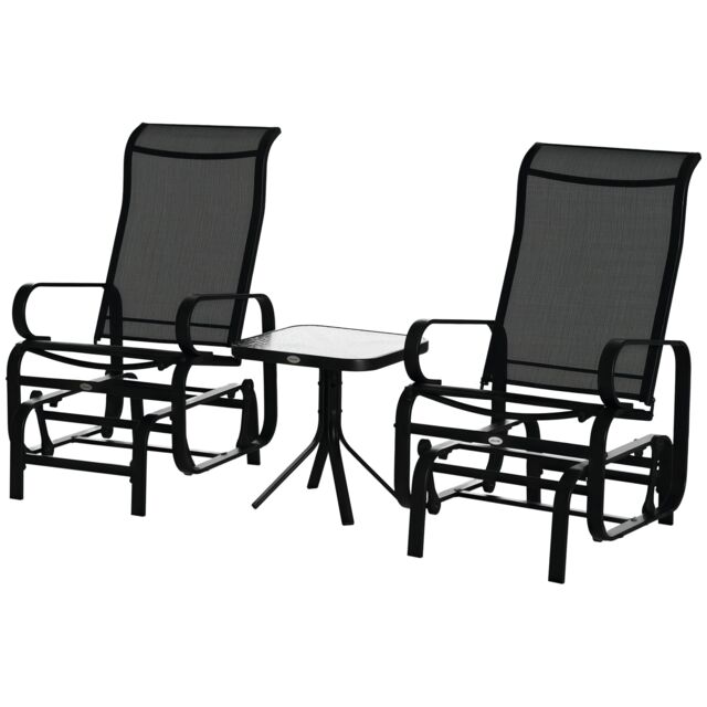 Outsunny 3 Pcs Rocking Chair Gliding Chair Set w/ Table for Patio Garden Black Black
