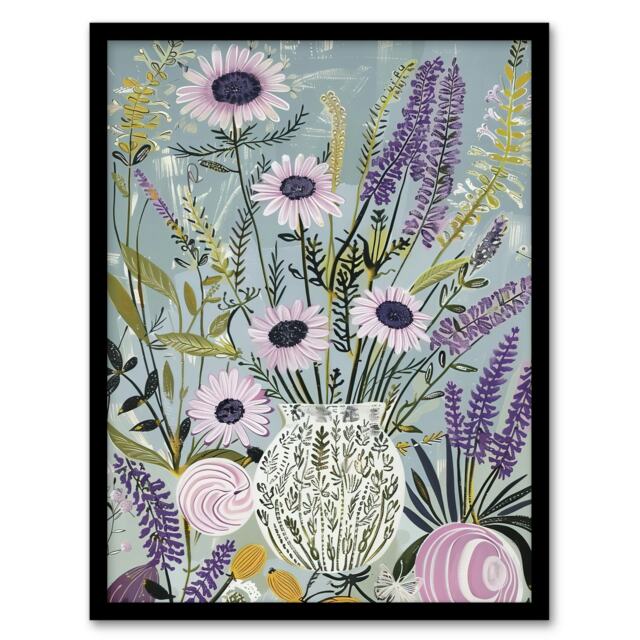 Lavender Wildflowers Bouquet Vase Fun Rustic Black Framed Wall Art Print A4