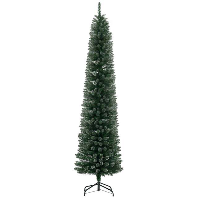 HOMCOM 7.5FT Artificial Snow Dipped Christmas Tree mas Pencil Tree Holiday Home Indoor Decoration with Foldable Black Stand, Green