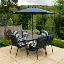 Hectare 6 Seater Outdoor Furniture Rectangular Glass Table with Parasol Navy