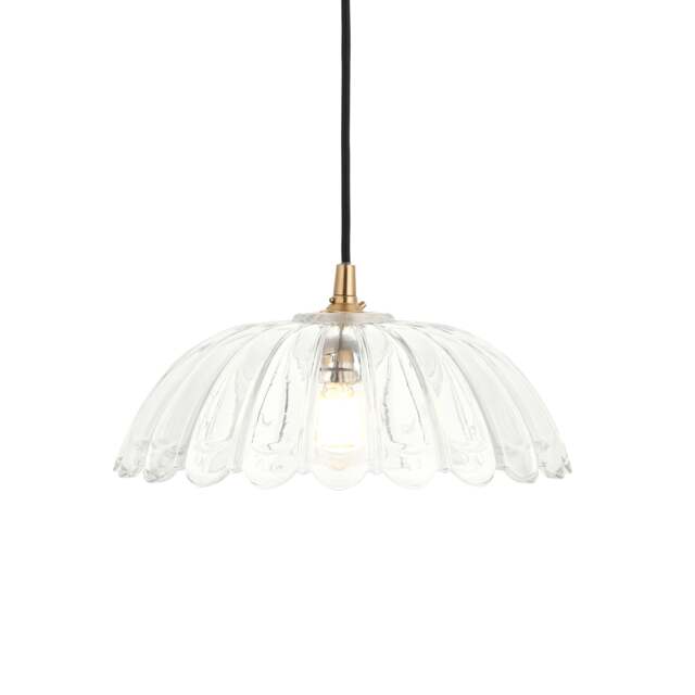 Eltham Clear Glass Pendant Light with Brushed Aged Brass With Black Braided Cable Carnation B22