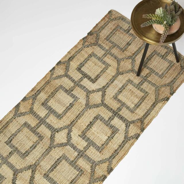 Homescapes Tiran Brown Geometric Handwoven Jute Hallway Runner Rug - 66 x 200 cm Brown Brown, Grey