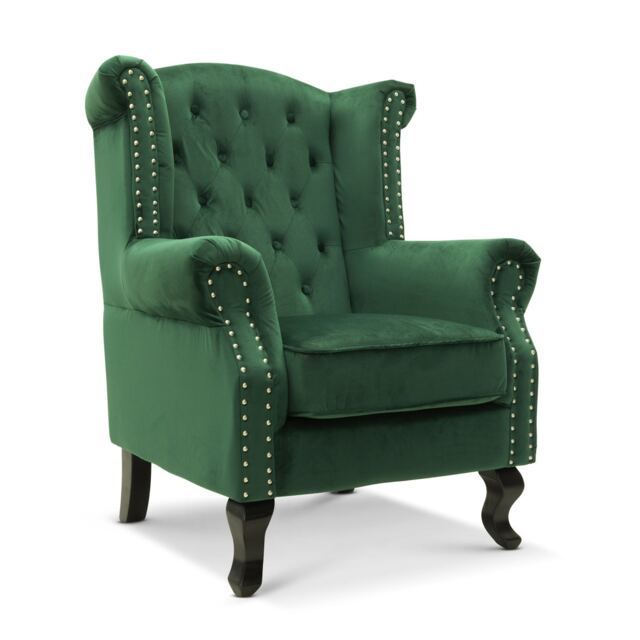 Velvet Wing Back Fireside Henley Chair Armchair with Buttons Emerald Green