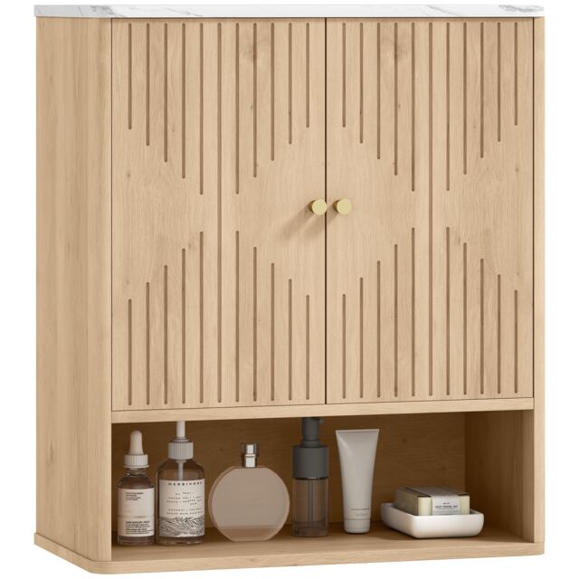 HOMCOM Bathroom Wall Cabinet with Adjustable Shelf and Open Shelf, Oak Yellow