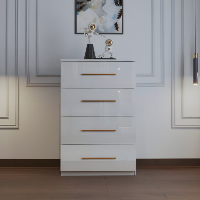 High Gloss Chest Drawer Modern Bedroom Furniture Storage Cabinet with Handles-White 4 Drawrers