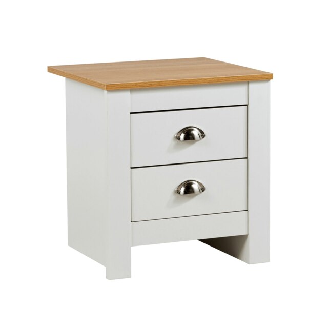 Bedside 2 Drawer Bedroom Furniture White Oak Top Metal Handles Wooden Nightstand