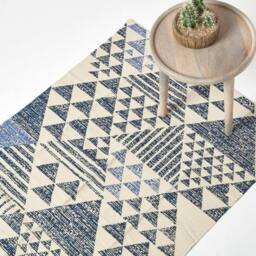 Homescapes Delphi Blue and White Geometric Style Cotton Printed Rug - 120 x 170 cm Blue White, grey and blue
