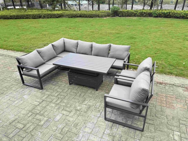 Fimous 7 Pieces Aluminium Garden Furniture Sets with Adjustable Rising Lifting Dining Table Chair 8 Seater Corner Sofa Set Dark Grey