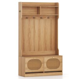 COSTWAY 4 In 1 Hall Tree Entryway Bench with Coat Rack Flip Drawers Natural
