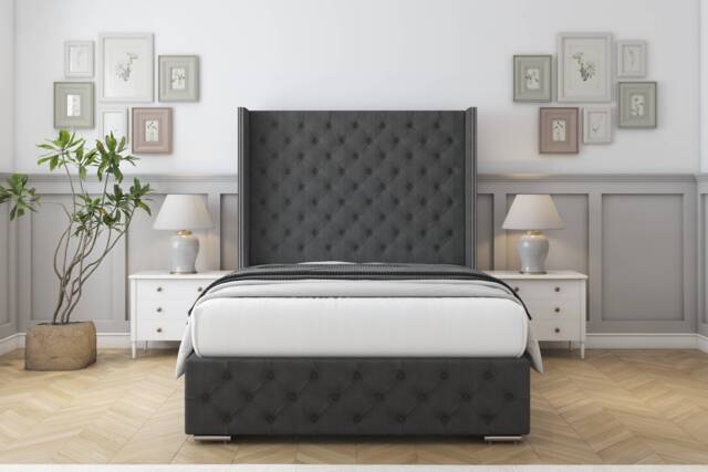 "Sloomy Arundel Graphite Dumfries Bed Frame With Mattress With 50"" Upholstered Wingback Headboard 5' King"