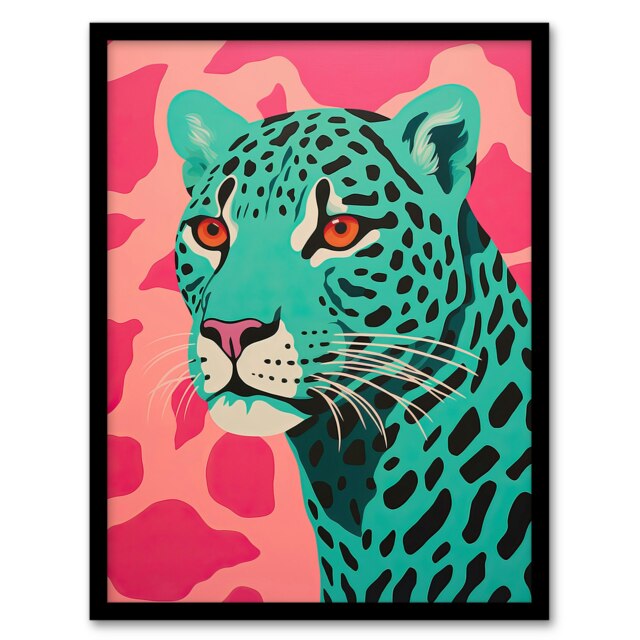 Cheetah Aqua Green On Pink Pop Art Style Home Decor Black Framed Wall Art Print A4