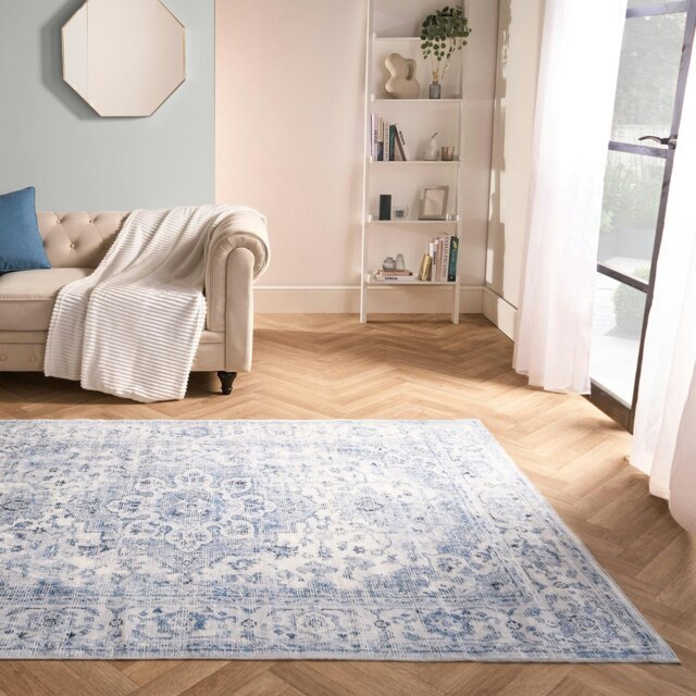 OHS Vintage Print Washable Indoor Carpet Floor Rug, 160x230cm - Blue Blue 160x230cm