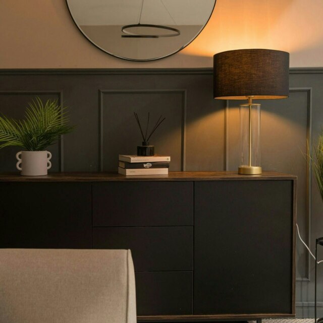 ValueLights Balan Brushed Gold Table Lamp Black Shade and Bulb