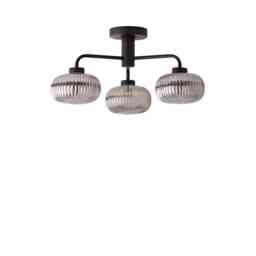 ValueLights Amaia Black IP44 3 Way Smoke Ribbed Glass Ceiling Light & Bulbs Black