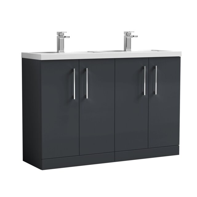 Balterley Level Floor Standing 4 Door Vanity Unit with Double Basin & Handles for Modern Bathroom Storage Grey Satin Soft Black