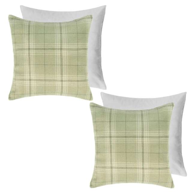 OHS 2 x Decorative Woven Check Printed Filled Cushions, 45x45cm - Sage Green