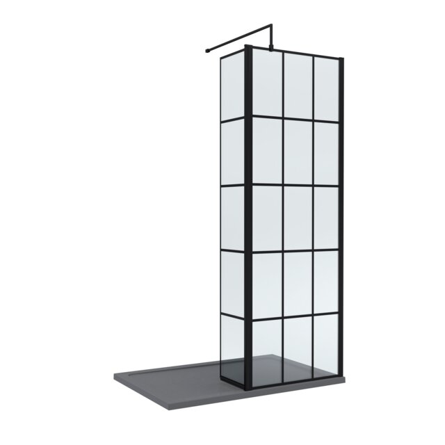 Balterley Glass Walk In Wetroom Screen and Hinged Return Framed Design and Shower Tray Black Matt Black