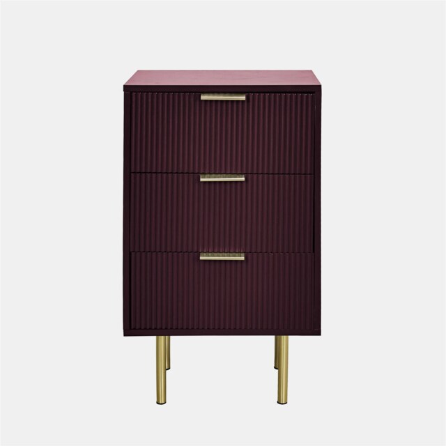 OHS Ribbed Bedside Table Modern Bedroom 3 Draw Office Nightstand Red Dark Berry