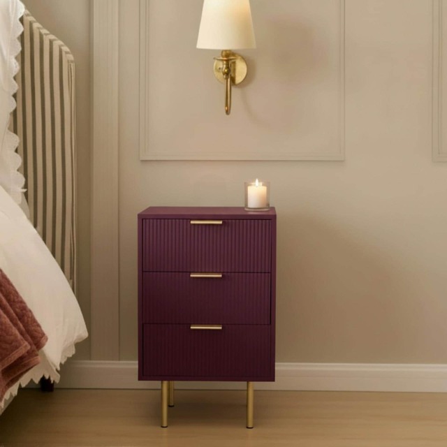 OHS Ribbed Bedside Table Modern Bedroom 3 Draw Office Nightstand Red Dark Berry