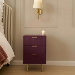 OHS Ribbed Bedside Table Modern Bedroom 3 Draw Office Nightstand Red Dark Berry
