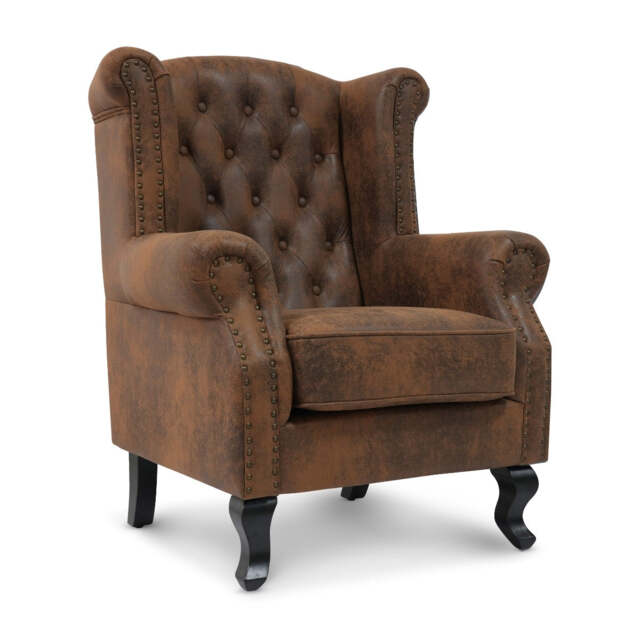 Faux Leather Brown Suede Balmoral Wing Back Chair with Buttons