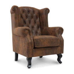 Faux Leather Brown Suede Balmoral Wing Back Chair with Buttons