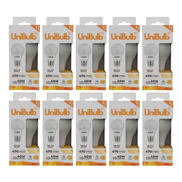 UniBulb LED GLS E27 Edison Screw (ES) 470lm 4.2W (Replaces 40W) 2700K (Warm White) Light Bulb - Pack of 10