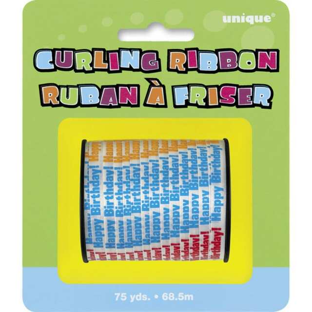 Unique Party Happy Birthday Print Curling Ribbon Roll (75 Yards) - Multicoloured - 75 Yards