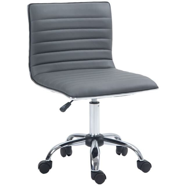 HOMCOM Armless Task Desk Chair, Swivel Office Chair with Faux Leather, Adjustable Seat Height, Chrome Base, Wheels for Home, Dark Grey