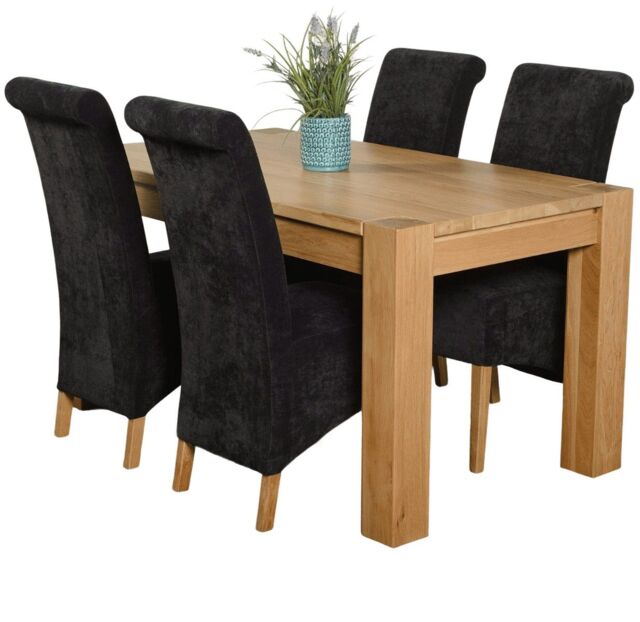 Kuba 150 x 85 cm Chunky Medium Oak Dining Table and 4 Montana Fabric Chairs Black Black