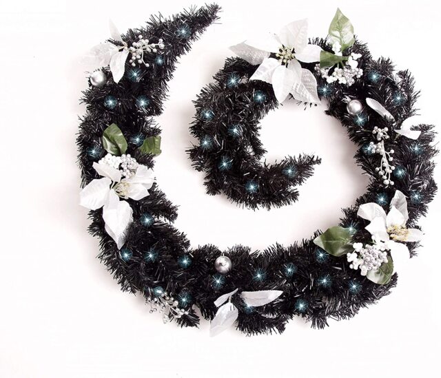 Best Artificial 9ft Black & Silver Decorated Christmas Garland with 80 Bright White battery Lights