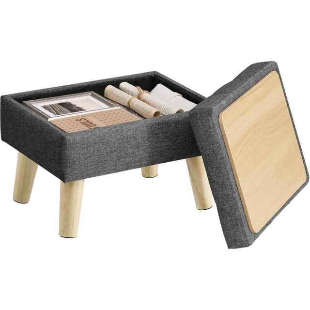 Storage Ottoman with Padded Seat, Linen-Look Foot Stool, Accent Side Table with Wooden Legs, Slate Grey