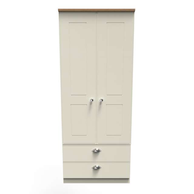 Albert 2 Drawer Double Wardrobe in Cream Ash & Riviera Oak (Ready Assembled) Cream Cream Ash & Riviera Oak