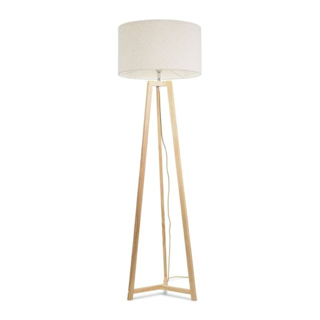 ValueLights Lottie Natural Wood Tripod Floor Lamp Cream Boucle Shade and Bulb