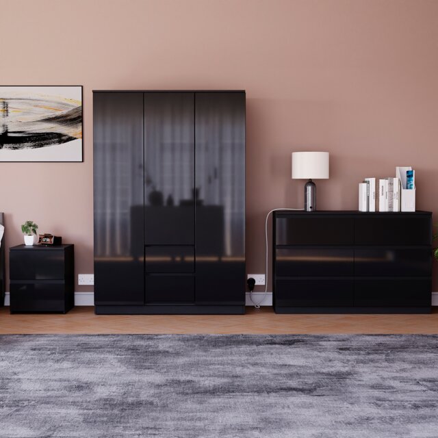 Vida Designs Glinton 3 Piece FSC Certified Bedroom Set (2 Drawer Bedside Chest, 6 Drawer Chest, 3 Door 2 Drawer Wardrobe), Black Black Black L 3