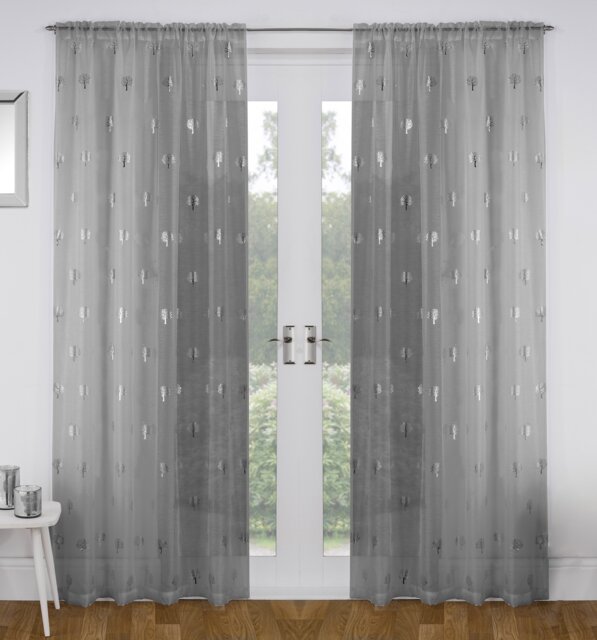 "Birch Grey Metallic Tree Print Linen-Look Voile Panel - Pair 140 x 183cm (55x72"")"