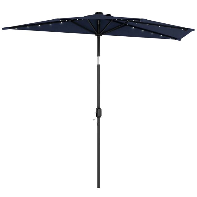 Outsunny 2.6 m Half Parasol with Solar Lights, UPF50+ Semi Round Umbrella Blue Dark Grey 265 x 135 x 239 cm