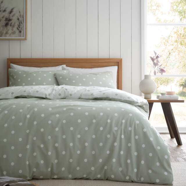 Brushed Polka Dot Cotton Reversible Duvet Cover Set Green Single