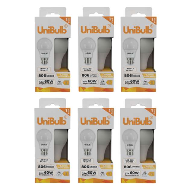 UniBulb LED GLS B22 Bayonet Cap (BC) 806lm 7.3W (Replaces 60W) 3000K (Warm White) Light Bulb - Pack of 6 Clear Warm White 6