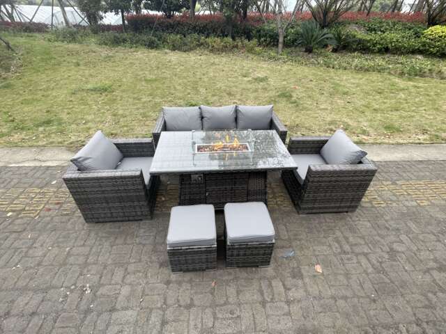 Fimous Outdoor PE Rattan Garden Furniture Gas Fire Pit Dining Table Lounge Sofa 2 PC Armchairs 2 PC Footstools Dark Grey Mixed Patio
