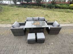 Fimous Outdoor PE Rattan Garden Furniture Gas Fire Pit Dining Table Lounge Sofa 2 PC Armchairs 2 PC Footstools Dark Grey Mixed Patio
