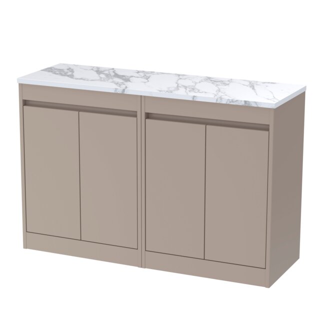 Balterley Chartley Contemporary Floor Standing 4 Door Vanity Unit with Carrera Marble Laminate Worktop, 1200mm, Taupe