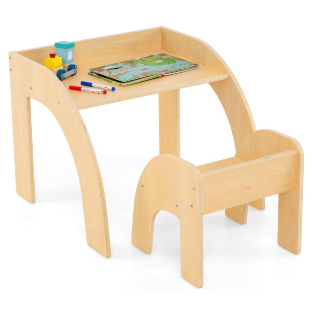 COSTWAY Kids Desk and Chair Set Wooded Toddler Natural