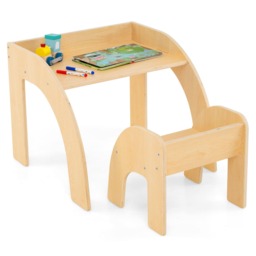 COSTWAY Kids Desk and Chair Set Wooded Toddler Natural