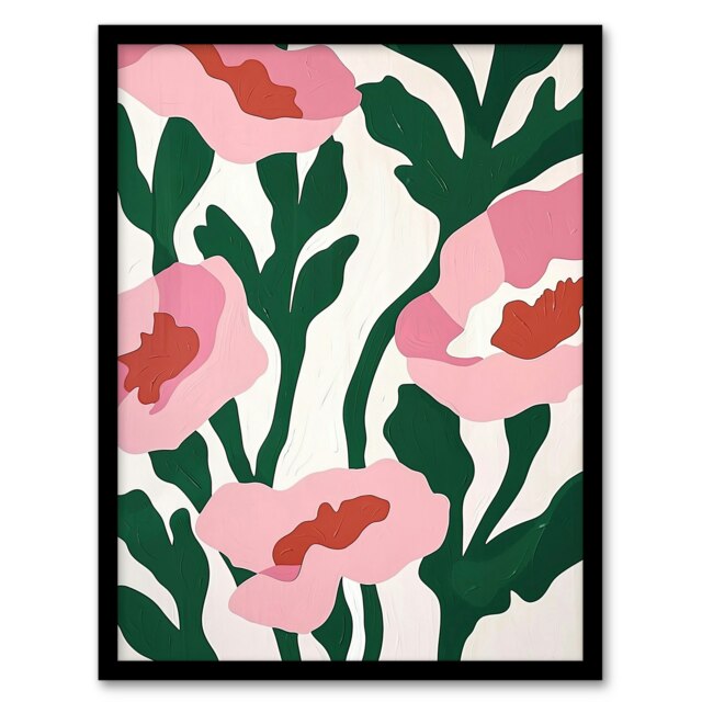 Abstract Flower Blooms Pink Green Bright Home Decor Black Framed Wall Art Print A4